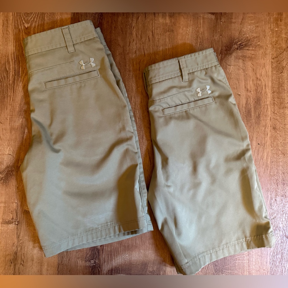 2 PAIR of Under Armour BOYS khaki dry fit shorts size 12 -